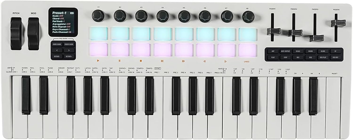 37-Key MIDI Keyboard Controller Music Production Controller MIDI Piano Keyboard Drum Pads with 16 RGB Drum Pads 8 Knobs 4 Faders Synthesizer Engine for Music Production