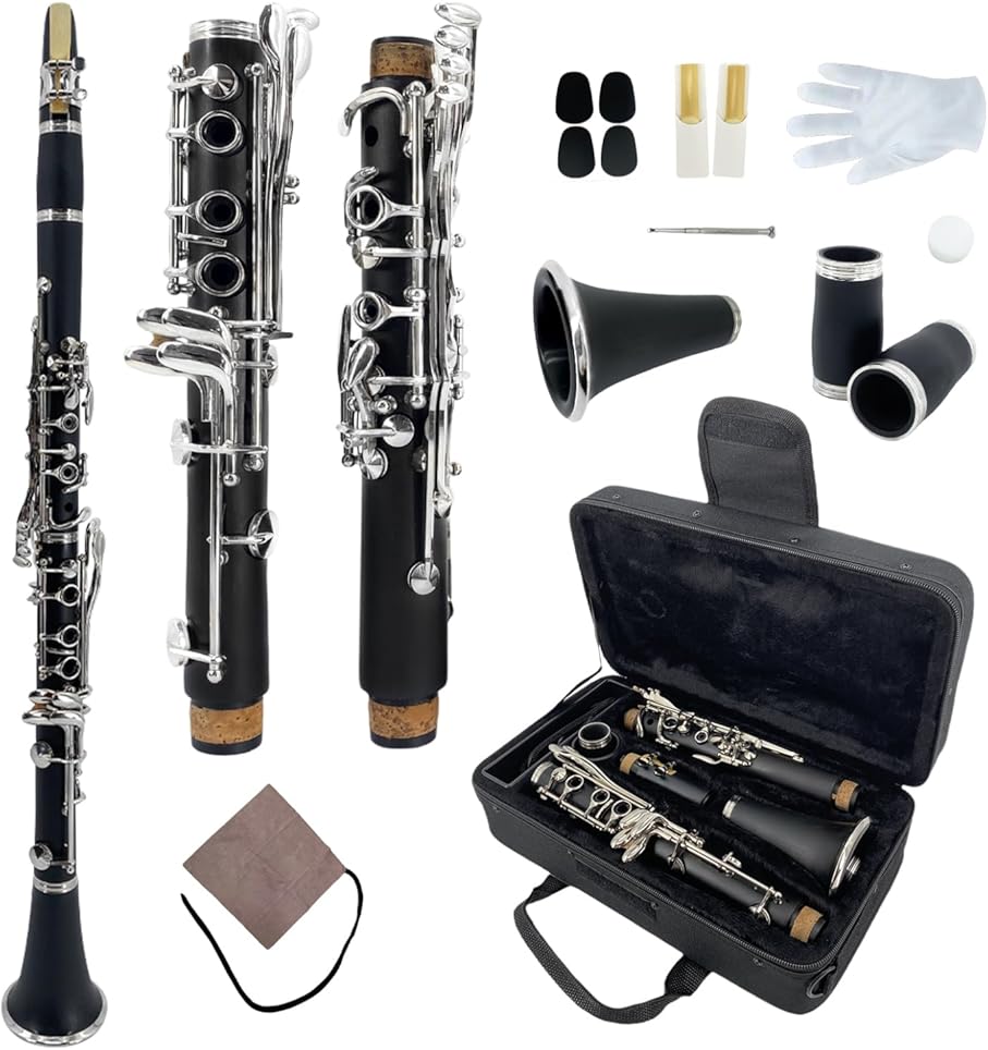 Professional Ebonite A Clarinet with Nickel-Plated Keys Rich Black Finish for Intermediate & Advanced Players Includes Padded Carry Bag, Reeds, Cork Grease & Clarinet Cleaning Kits(m1)