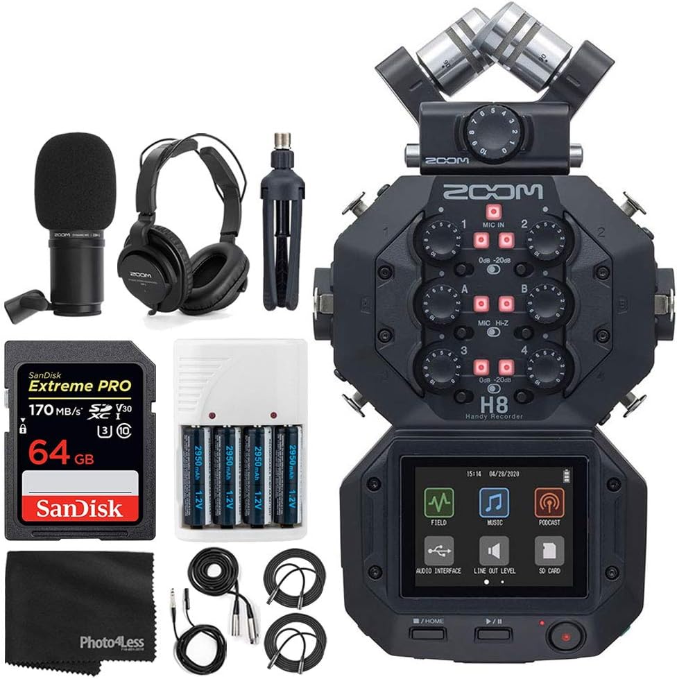 Zoom H8 8-Input / 12-Track Portable Handy Recorder for Podcasting, Music, Field Recording Bundle with Zoom ZDM-1 Podcast Mic, Headphones, 64GB Extreme PRO Card, Accessories (7 Items)