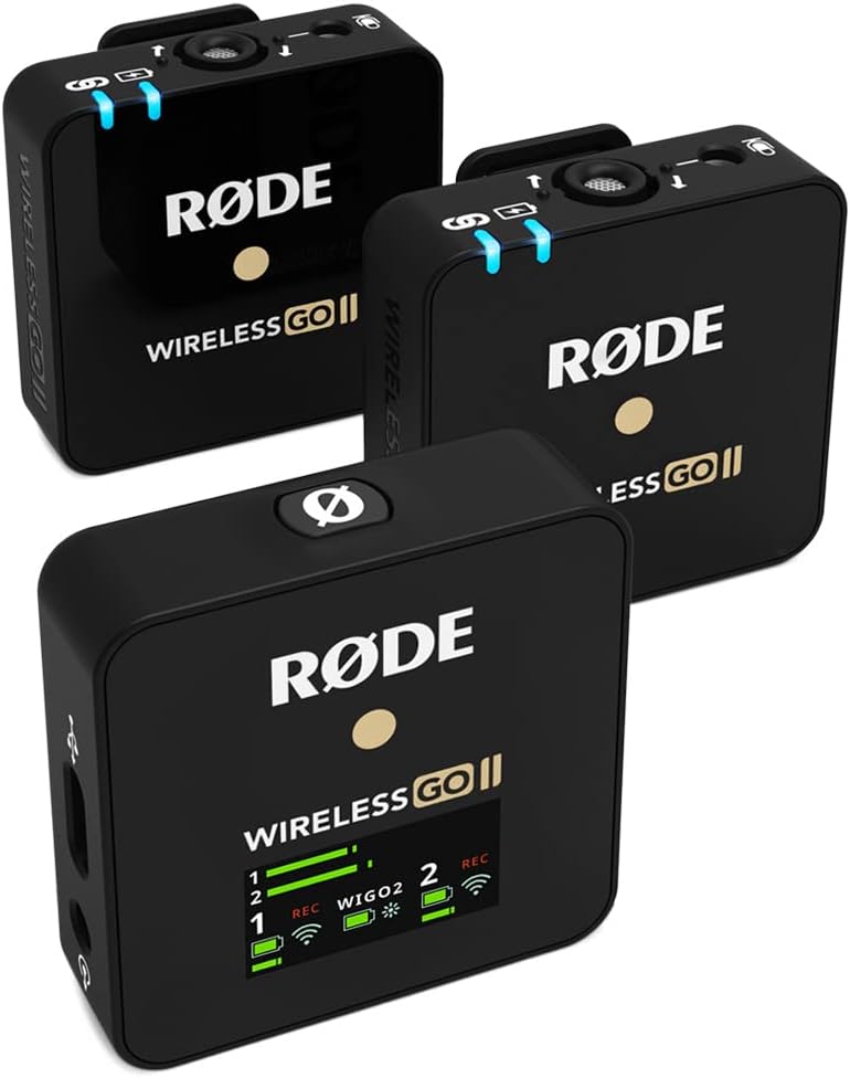 RØDE Wireless GO II Ultra-compact Dual-channel Wireless Microphone System with Built-in Microphones, On-board Recording and 200m Range for Filmmaking, Interviews and Content Creation