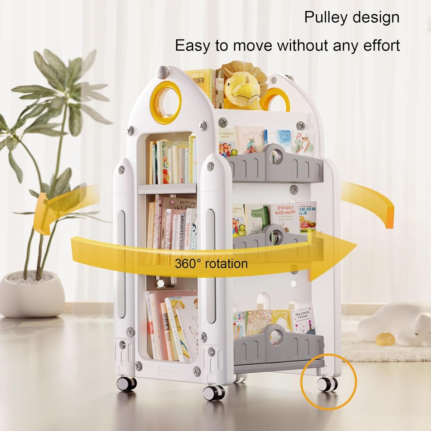 Mobile Kids Bookshelf, Storage Organizer, Rolling Bookcase with Wheels, 360° Display Floor Standing Book Shelf, for Living Room, Office, Bedroom Decor(Gray)