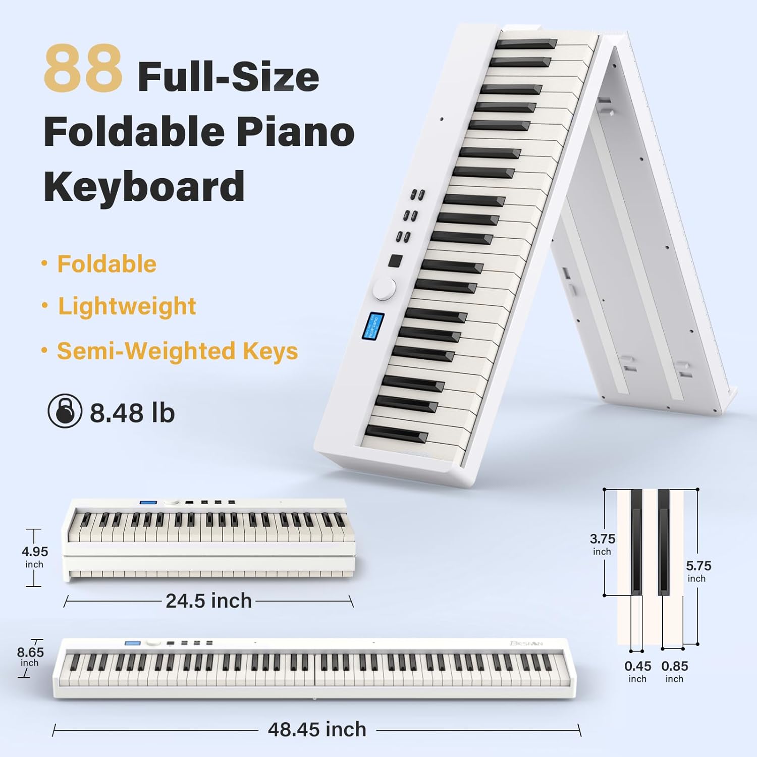 BESFAN 88 Key Keyboard Piano BSP-10F Portable Folding Piano with Semi-Weighted Keyboard, 128 Tones, USB MIDI, Sustain Pedal, Music Stand for Beginners Gifts, White