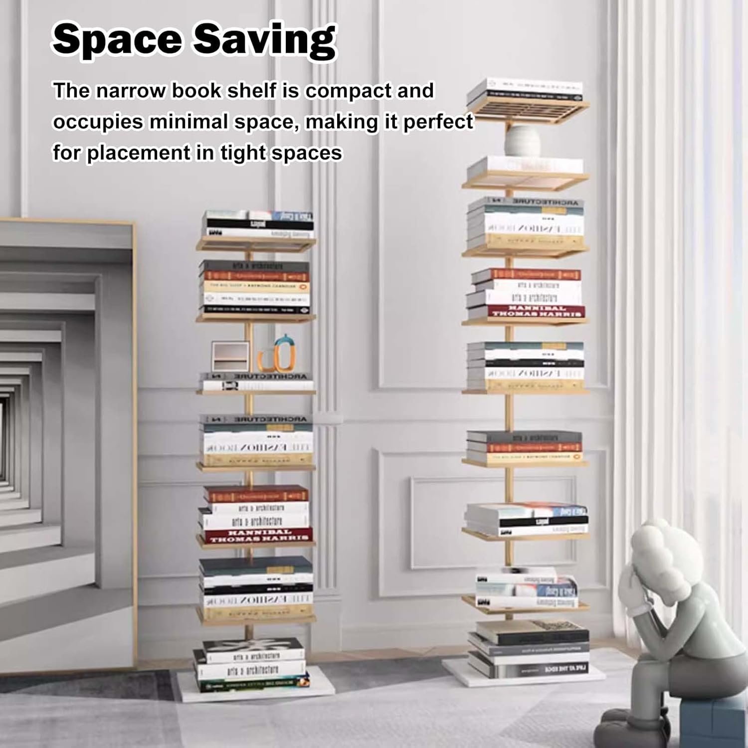 Tall Vertical Spine Book Tower, Space Saving Corner Bookshelf, Multipurpose Storage Rack Book Organizers, Floating Book Shelves Floor Standing(Gold,6-Tier 115cm (45