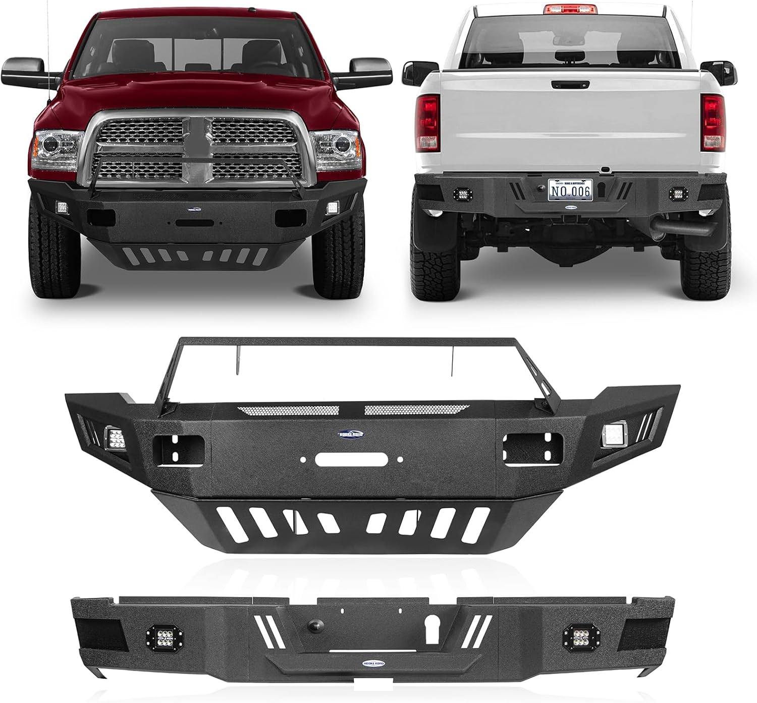 Hooke Road 10-18 Ram Offroad Front and Rear Bumper Combo for 2010-2018 Dodge Ram 2500 Bumper w/Winch Plate and Skid Plate