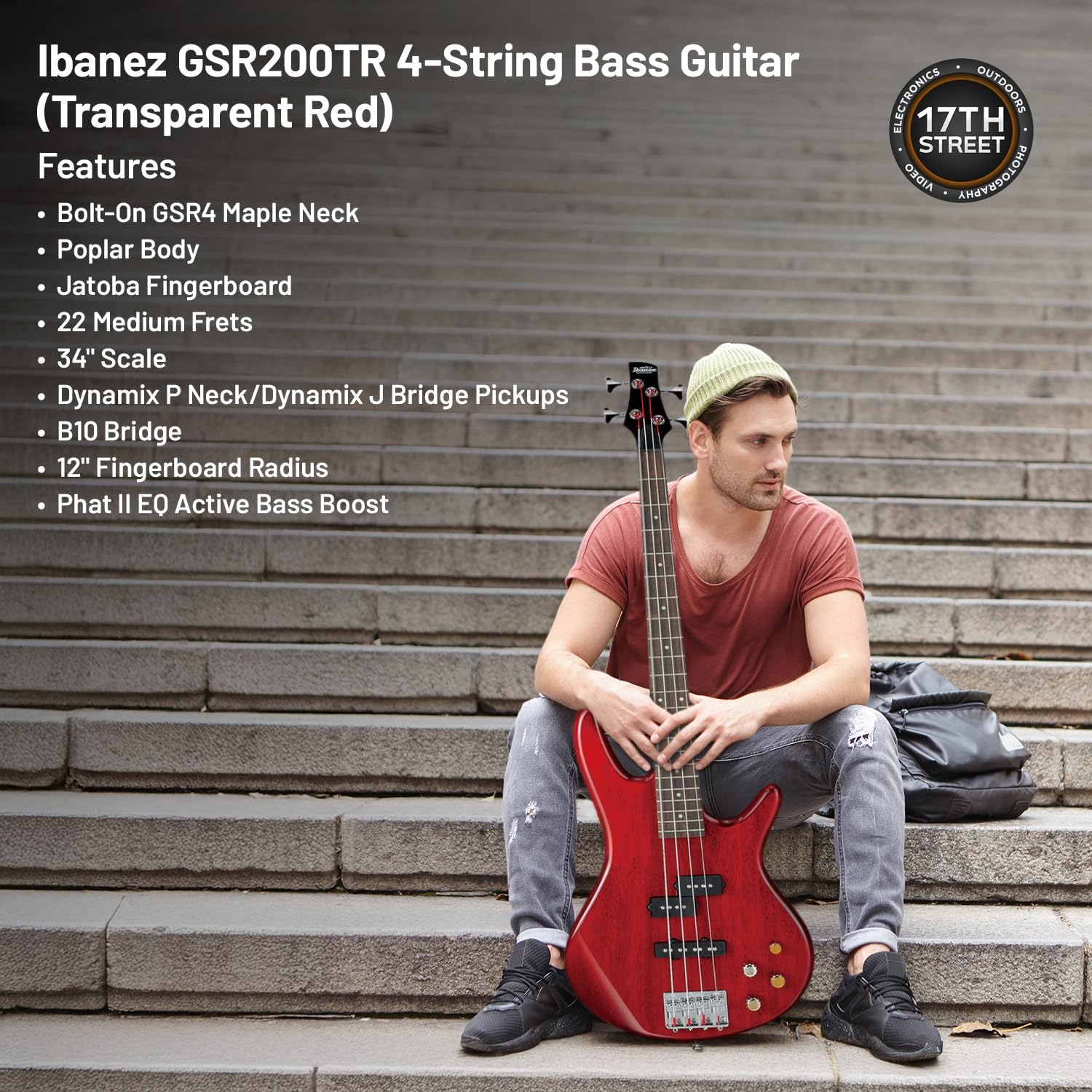 Ibanez GSR200 4-String Bass Guitar (Transparent Red) - Right Handed Poplar Body Bass with GSF50 Powerpad Strap, 15 Pack Guitar Picks with Storage Box & Microfiber Cleaning Cloth (Bundle Set)
