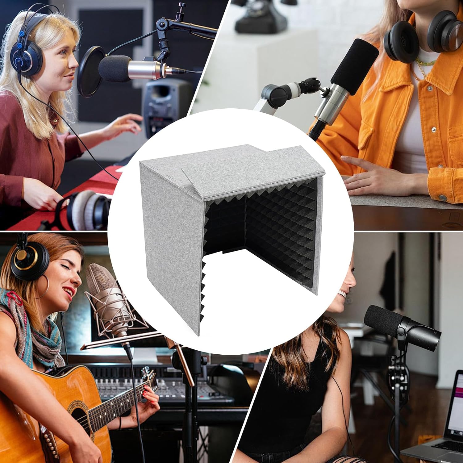 Portable Vocal Recording Booth Desktop Soundproof Cover Modern Square Sound Proof Box Vocal Absorbing Shield Music Recording Equipment Filter Vocal for Microphone Studio Sound Recording (Gray&Black)