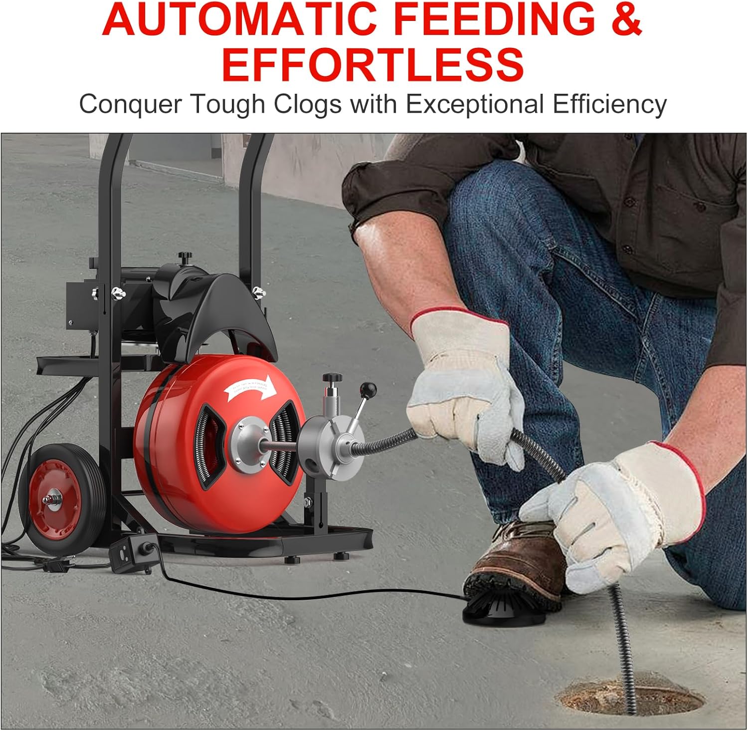 PrecisionAuto Drain Cleaning Machine, 100Ft x 1/2 Inch Drain Cleaning Machine - with 6 Cutters & Air Foot Switch, Commercial Electric Drain Cleaner Tool with Wheels, Efficient 2