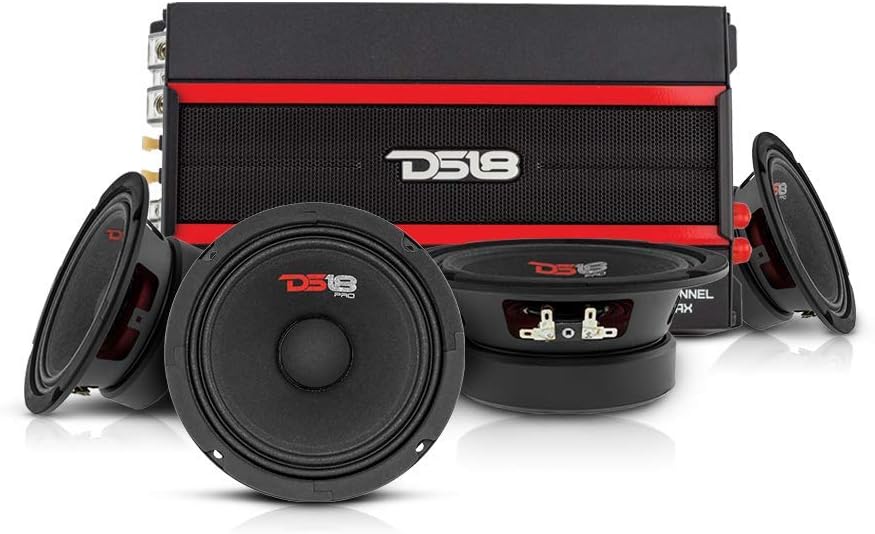 DS18 Car Audio Door Speaker Combo with Amplifier - 4 x 6.5 Classic Midrange PRO-GM6 Speakers with 4 Channel Class D Amplifier CANDY-X4B - Compact Mini Amplifier with Premium Quality Speakers
