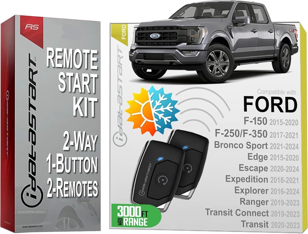 iDatastart Remote Starter Kit for FORD F-150, EDGE 15-20| F-250/350 17-21| RANGER/Transit Connect 19-23|TRANSIT 20-23| BRONCO Sport 21-24|ESCAPE 20-24|EXPEDITION 18-21|EXPLORER 16-24 (2-Way, 1-Button)