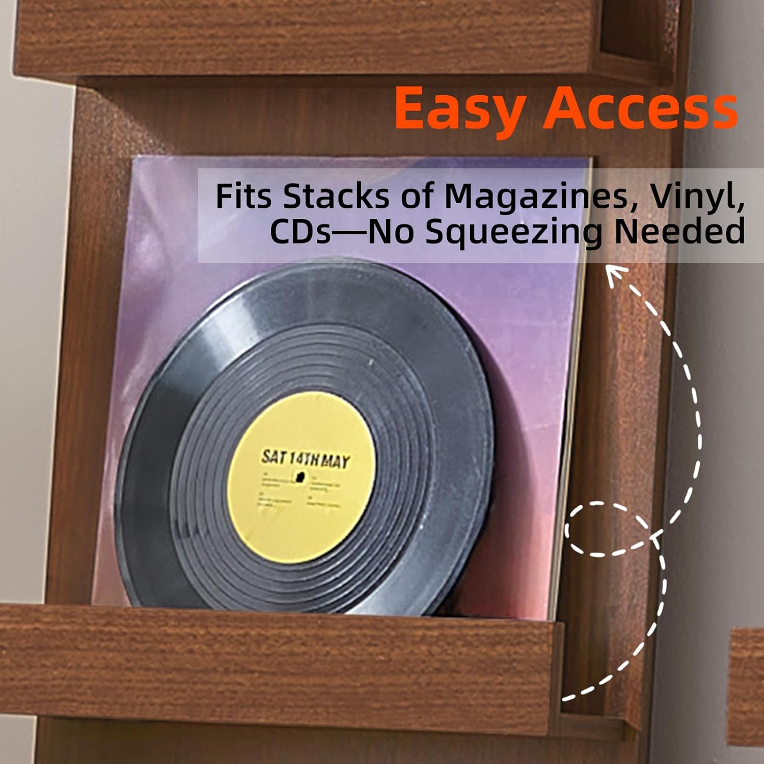 LELELINKY Wall Mount Vinyl Record Holder Set of 2 with 3 Tier Display Area, 47.5'' Tall Record Storage Magazine Holder, Book Shelf Holder Holds Up to 15 Vinyls Albums/CD for Music Room, Living Room