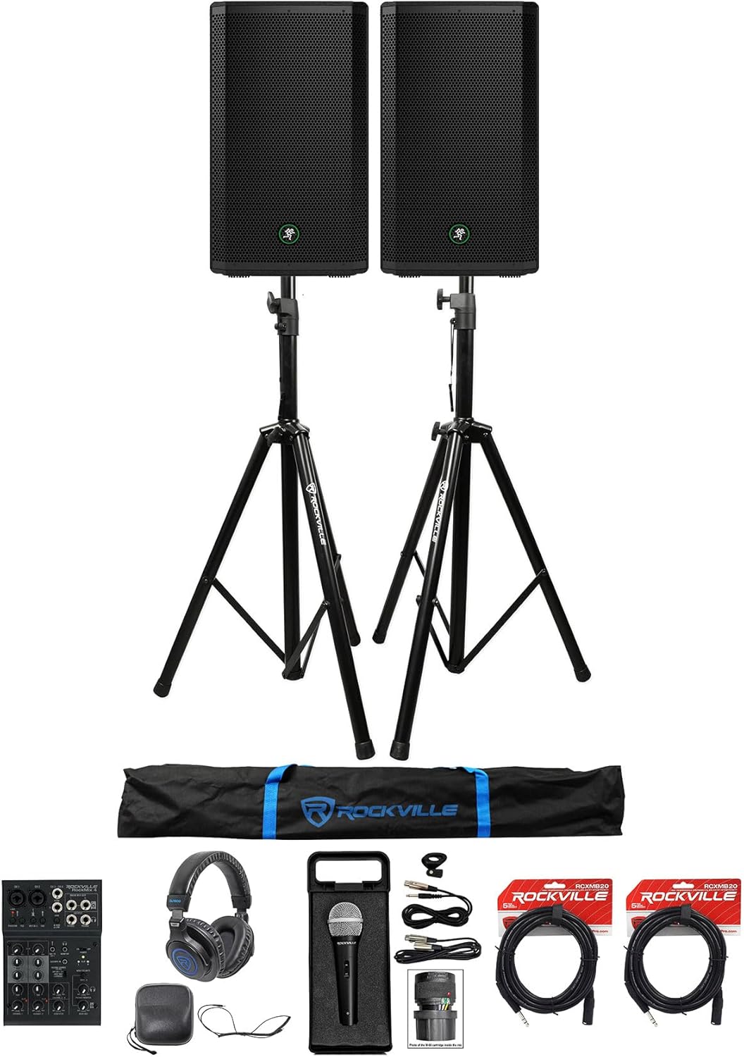 Audiosavings Bundle: (2) Mackie Thrash212 Speaker Bundle with (2) Rockville Stands, (2) Rockville RCXMB20B Cable, Rockville RMC-XLR Mic, Rockville DJ1500 Headphones + Rockville RockMix Mixer (8 Items)