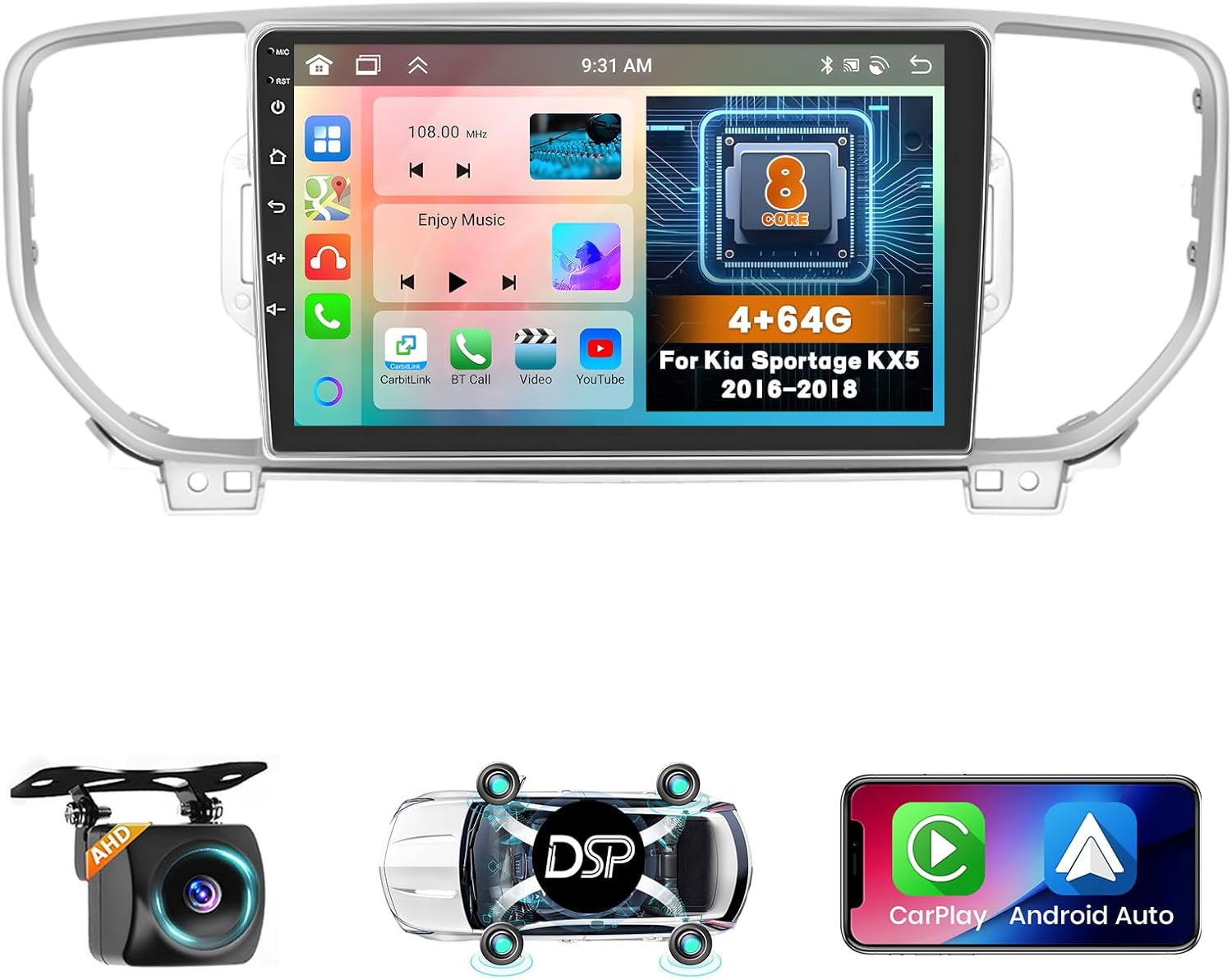 8 Core 4+64GB for Kia Sportage KX5 2016 2017 2018 Android Car Stereo, 9 Inch 1280 * 720 IPS Touchscreen Car Radio Wireless Carplay 59UI GPS Navigation WiFi 32EQ DSP Backup Camrea