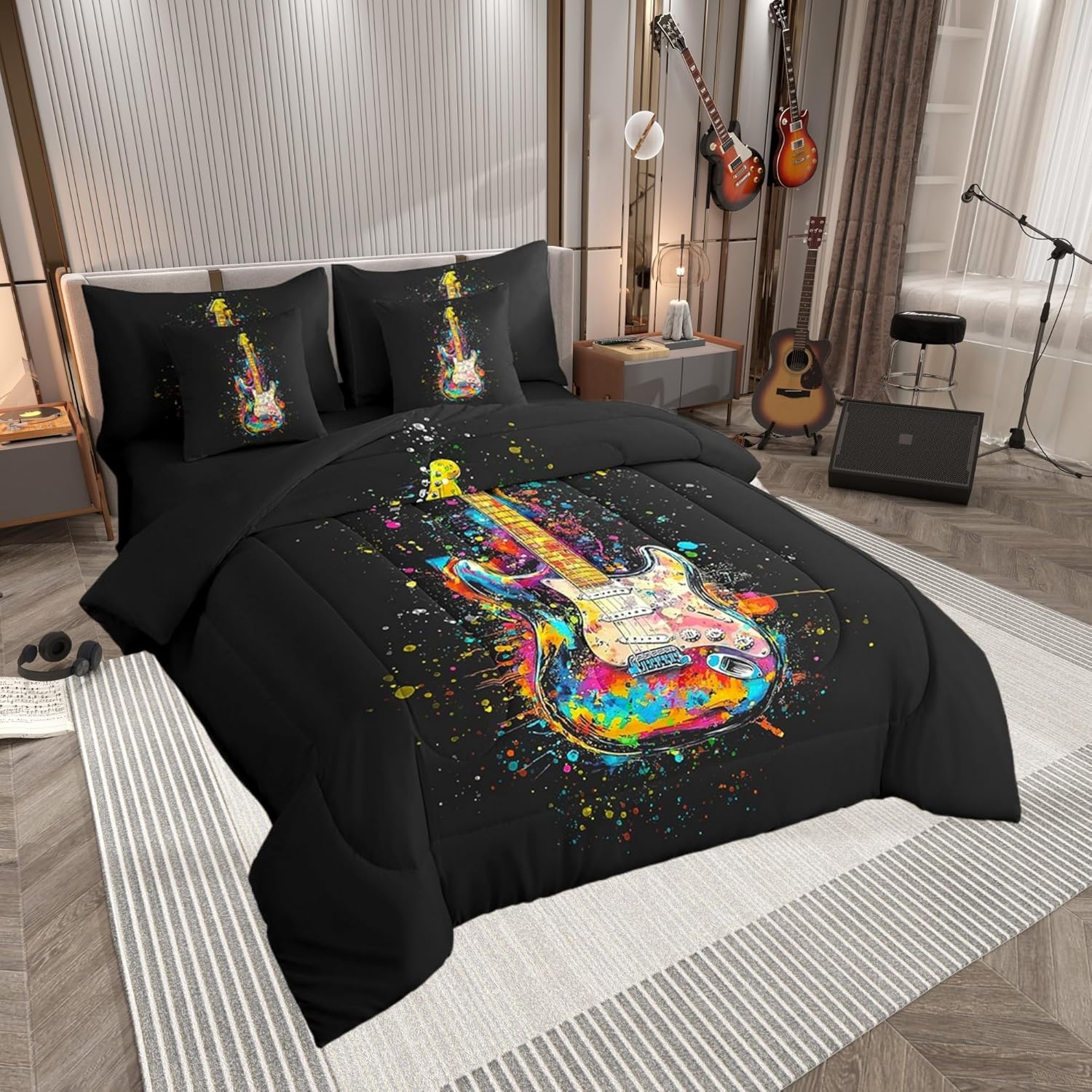 Castle Fairy Music Guitar Comforter Set Bed in a Bag 7 PCS King,Pop Music Lover Bedding Set with Sheets,Watercolor Bass Musical Instrument All Season Lightweight Bed Set for Kids Adults Bedroom Decor