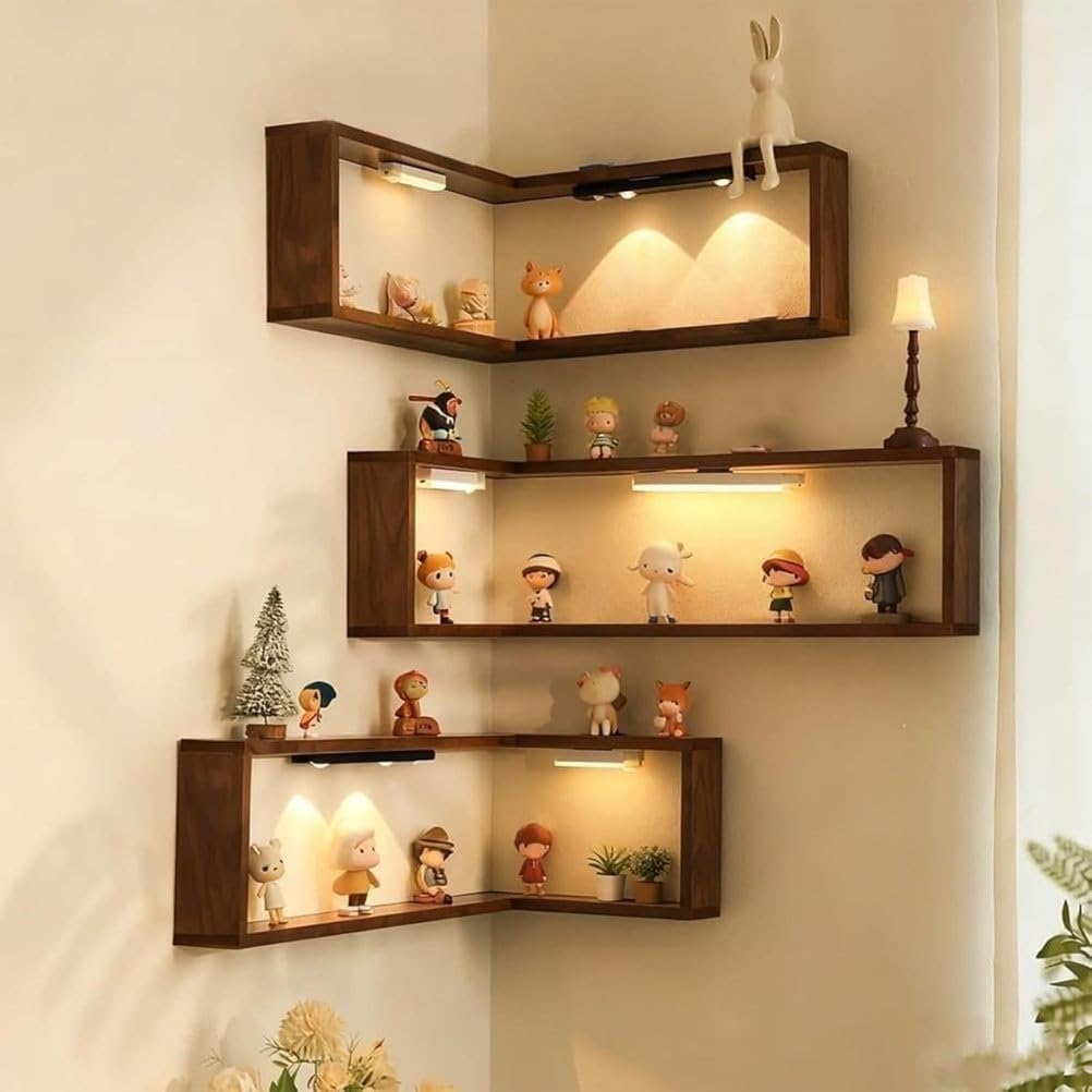 TBQATNTS Smart Corner Shelves, Set of 3 – Wooden Floating Corner Storage Shelves for Wall Mount, Space-Saving Display Rack for Home Décor (LED Light Not Included)