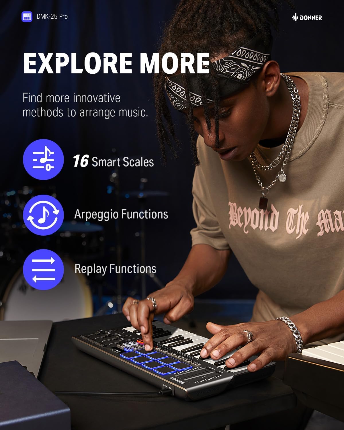 Donner DMK25 Pro MIDI Keyboard+Starry MIDI Pad Beat Maker+Essential B1 Synthesizer