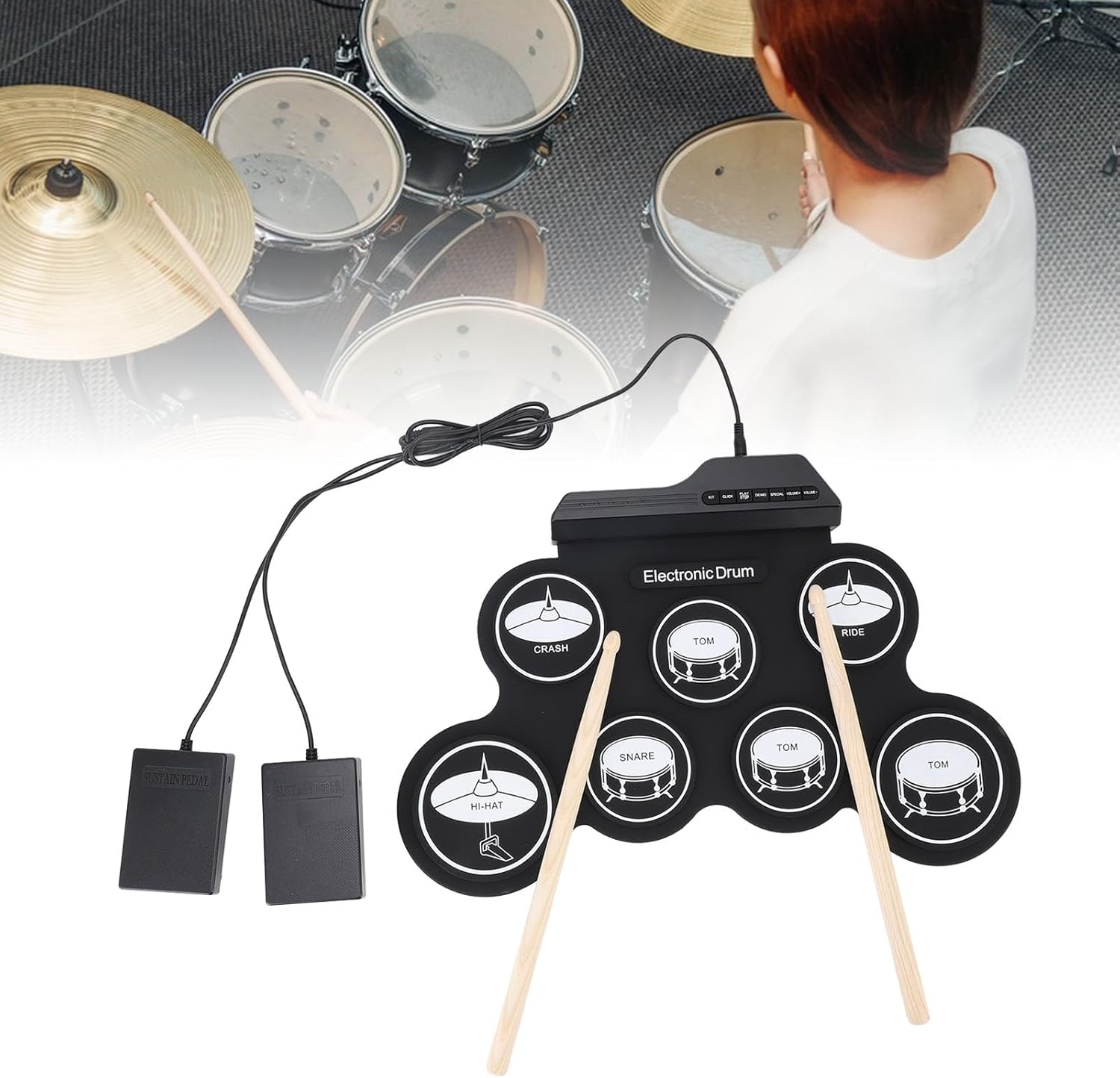 Portable Drum Pad Machine with Pedal Controlled Cymbals, a USB Electronic Drum Pad with Dual Output for Headphones and Speakers for Hand Foot Coordination
