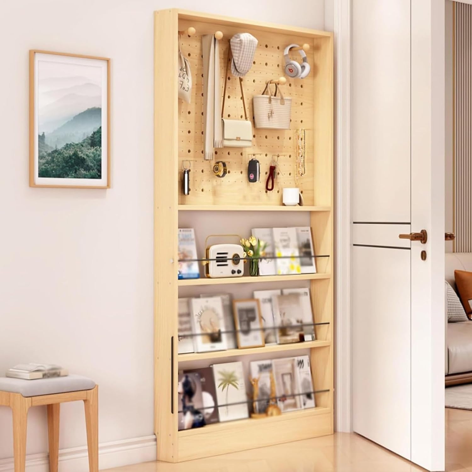 3.94in Behind Door Bookshelf Compact area 16 20 35 40 47in L Floor Bookcases Display Wall Mount Shelf Perforated Board Large Capacity Book Shelf for Books Magazine Racks CDs Small Items(Natural,31.5x3