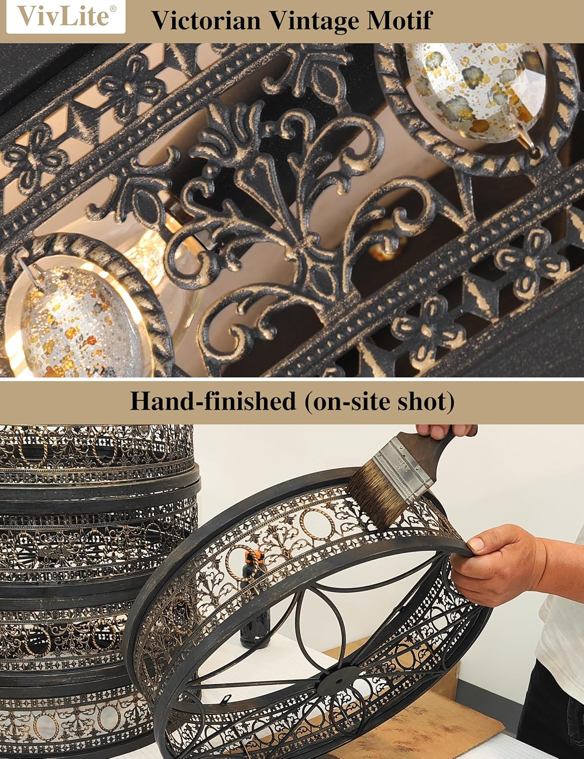 Caged Ceiling Fans with Lights,Vintage Victorian Rustic Crystal Fandelier,Low Profile Flush Mount,Small Enclosed Bladeless Ceiling Fan with Light for Bedroom,Kitchen,Living Room,Dining Room