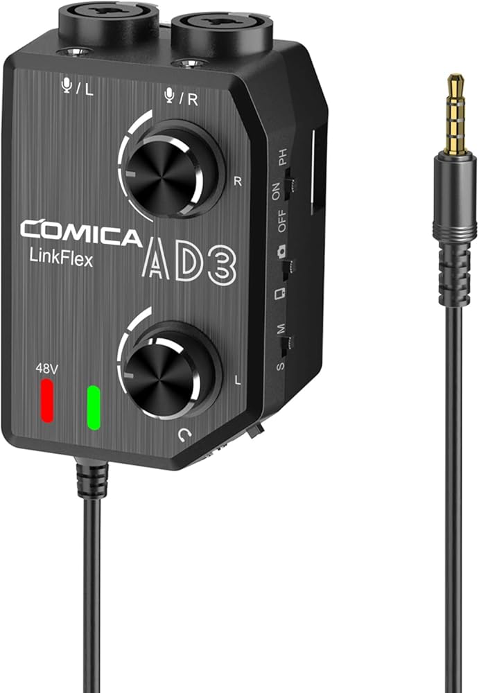 Comica LINKFLEX AD3 Dual-channels XLR/6.35mm/3.5mm Audio Preamp Mixer with Support 48V Phantom Power, Mono/Stereo Output, Guitar Audio Interface for Cameras,Camcorders,iPhone,Android,Smartphones