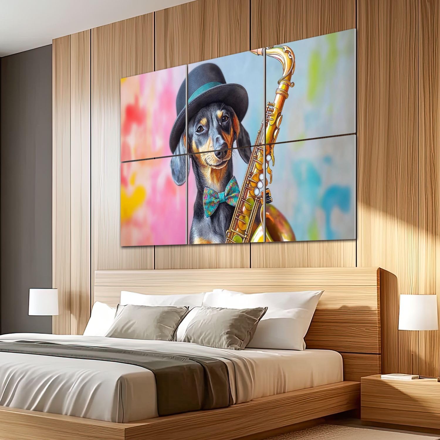 6 Pack Art Acoustic Panels Sound Absorbing Funny Dogs Musical Instruments Watercolor Dachshund Saxophone Dog Decorative Soundproof Wall Panels Self Adhesive for Recording Studios Office 72