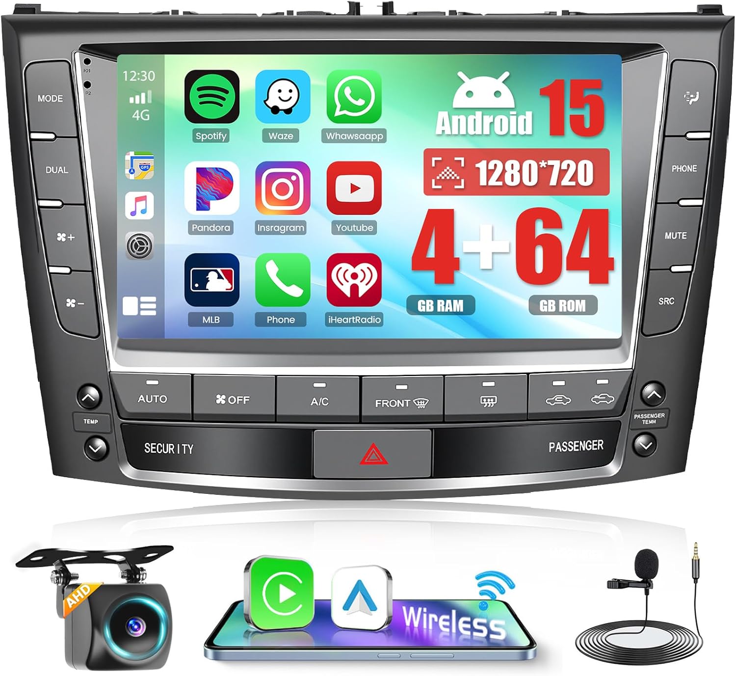 [4+64G] Android 15 Car Radio for Lexus IS250 IS300 IS350 2006-2012 with Wireless CarPlay Android Auto, 9 Inch Touch Screen Car Stereo with GPS WiFi, Bluetooth 5.0 FM/RDS 32EQ AHD Backup Camera