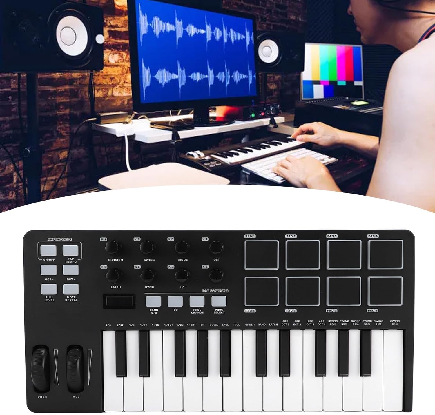 25 Key USB MIDI Keyboard Controller with Integration, Chord Mode, Scale Mode, 8 Backlit Drum Pads, 8 Knobs and Music Production Software Included