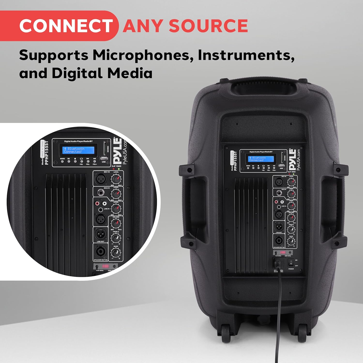 Pyle PPHP155ST Wireless Portable PA Speaker System - 1500W High Powered Bluetooth Compatible Active Outdoor Sound Speakers w/ USB SD MP3 RCA - 35mm Mount, Stand, Microphone, Power Cable, Black, 15