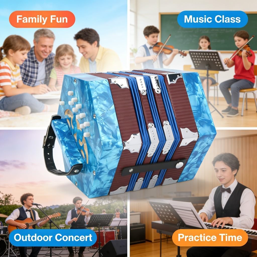 Mini 17 - Key Anglo Concertina Accordion for Adults and Beginners, Blue Portable Wooden Squeeze Box - Adjustable Strap, Lightweight, for Zydeco and Folk Music (Blue)