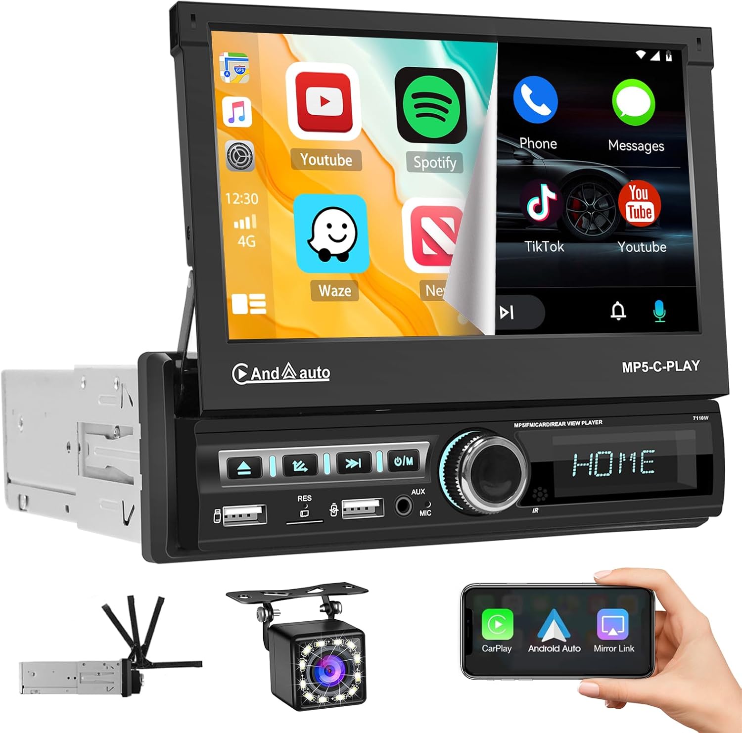 7 Inch Single Din Flip Out Car Stereo with Wireless Carplay Android Auto, HD Motorized Touchscreen with Online Video FM Bluetooth EQ SWC USB/AUX/TF Port Backup Camera MIC