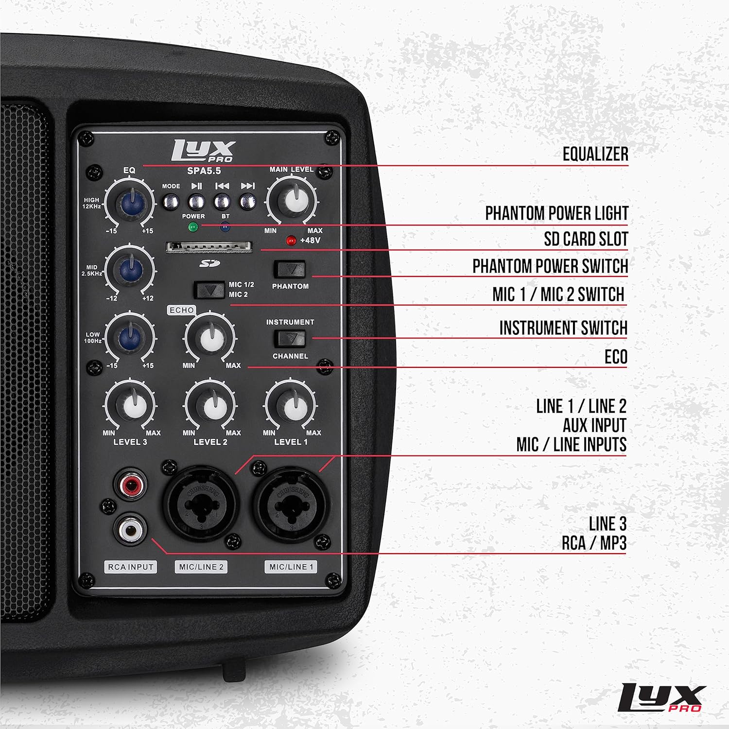 LyxPro SPA-5.5 Small PA Speaker Monitor Class-D Amplifier 3 Channel Mixer 3 Band EQ, Powerful Compact Active Speaker System amp with Mixer 48V Phantom Power