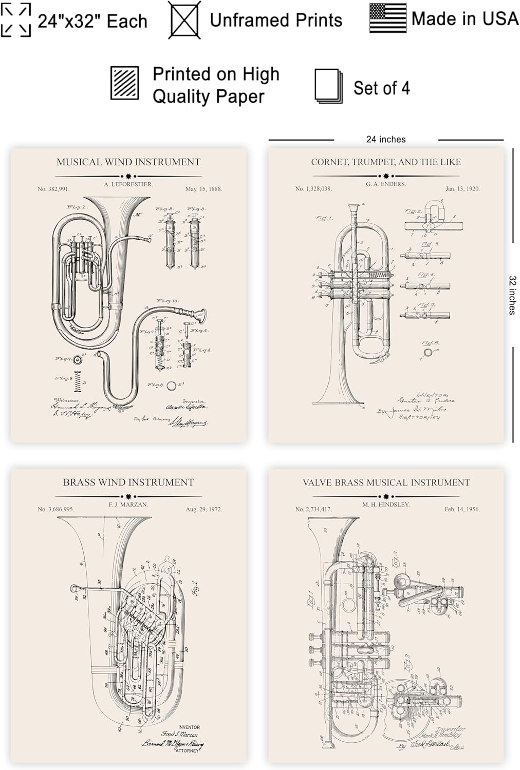 Poster Master 4-Piece Trumpet Blueprint Poster - Horn Patent Print - Tuba Art - Music Art - Technical Drawing Art - Cornet Art - Wind Instrument Art - Music Room Wall Decor, 24x32 Unframed Wall Art