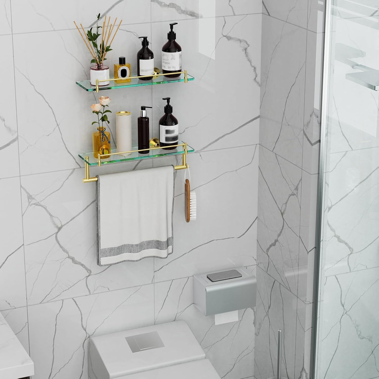 Glass Shelf for Bathroom 2 Pack,16-Inches Floating Glass Shelves Towel Bar/Track(Brushed Gold)