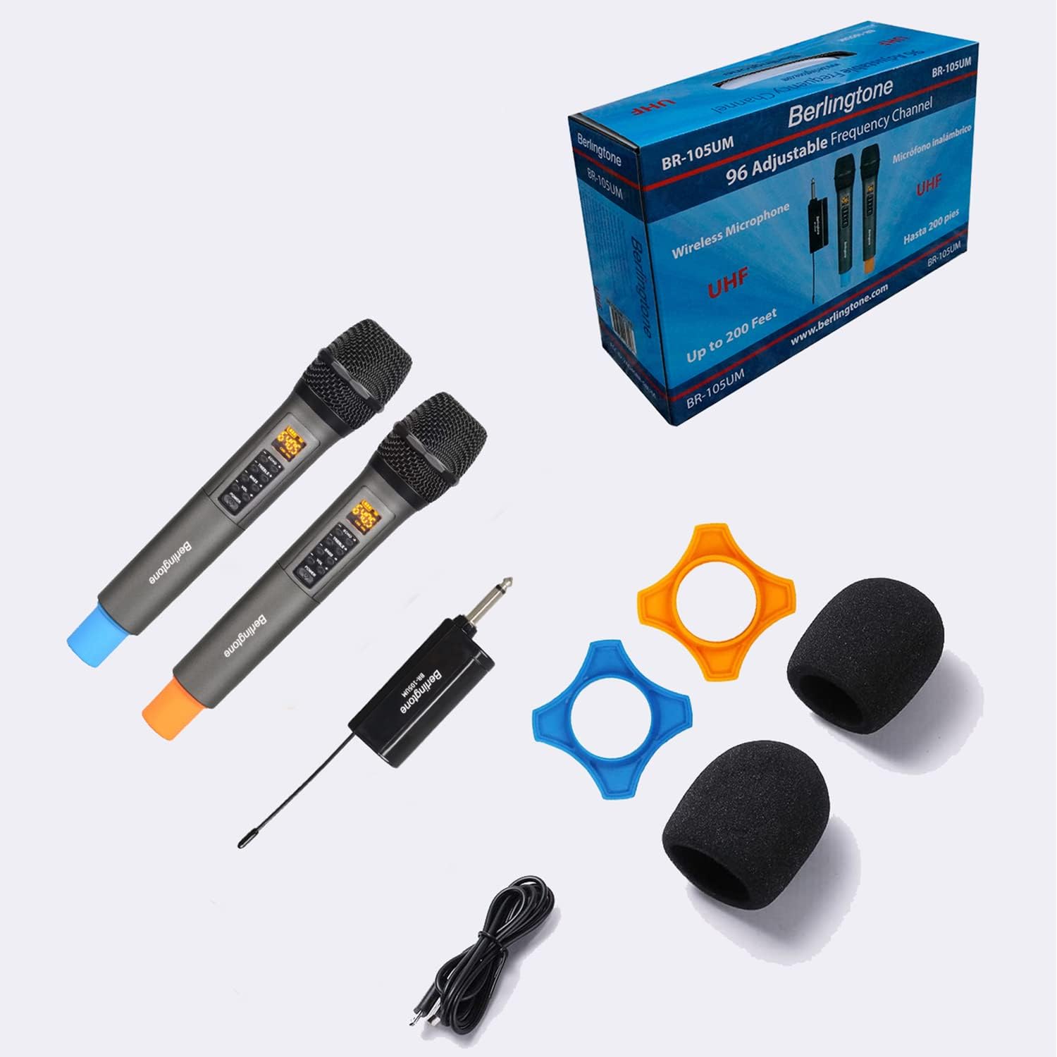 Berlingtone) Dual UHF Wireless Dynamic Handheld Microphone Systems, 60 Adjustable Frequency Channel, with Echo, Treble, Bass Volume, Rechargeable Battery, for Singing, Church, up to 200Ft. Range