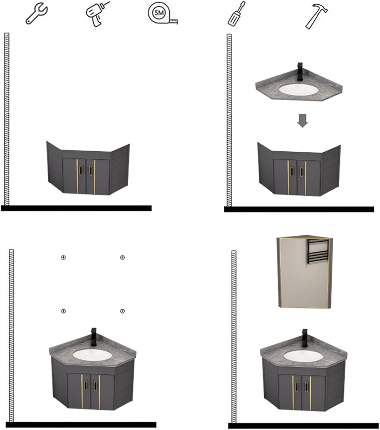 Corner Wall Mount Bathroom Sink, Corner Bathroom Vanity, Modern Bathroom Corner Cabinet, Ceramic Wash with Storage Container and Mirror Cabinet, for Small Space