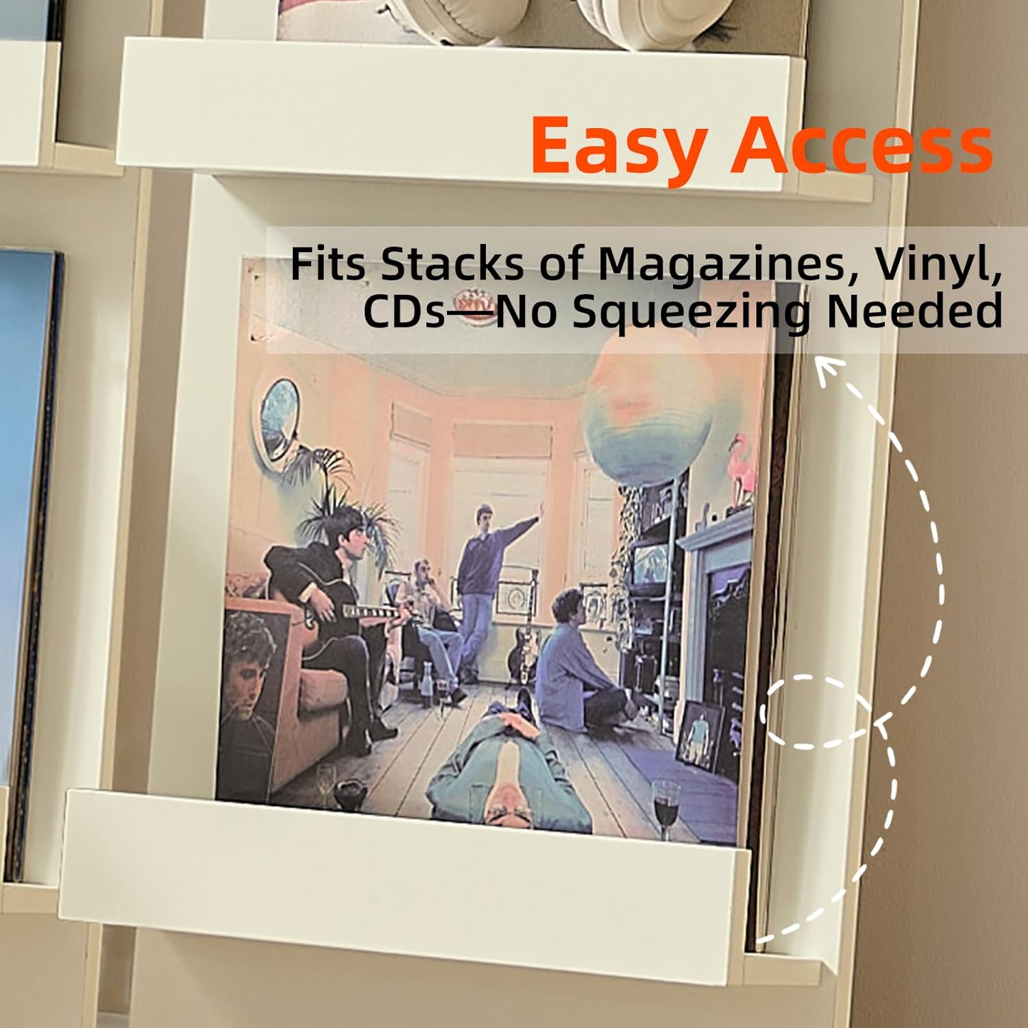 LELELINKY Wall Mount Vinyl Record Holder Set of 2 with 3 Tier Display Area, 47.5'' Tall Record Storage Magazine Holder, Book Shelf Holder Holds Up to 15 Vinyls Albums/CD for, Living Room, Music Room