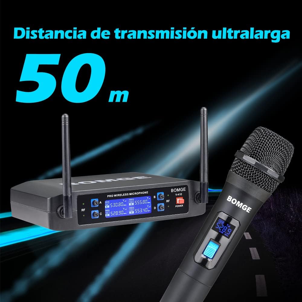 BOMGE Wireless Microphone System, Pro 4-Channel Cordless Mic Set with Four Handheld Mics, Fixed Frequency, Long Range 200ft, Ideal for Church,Karaoke, Events (V410)