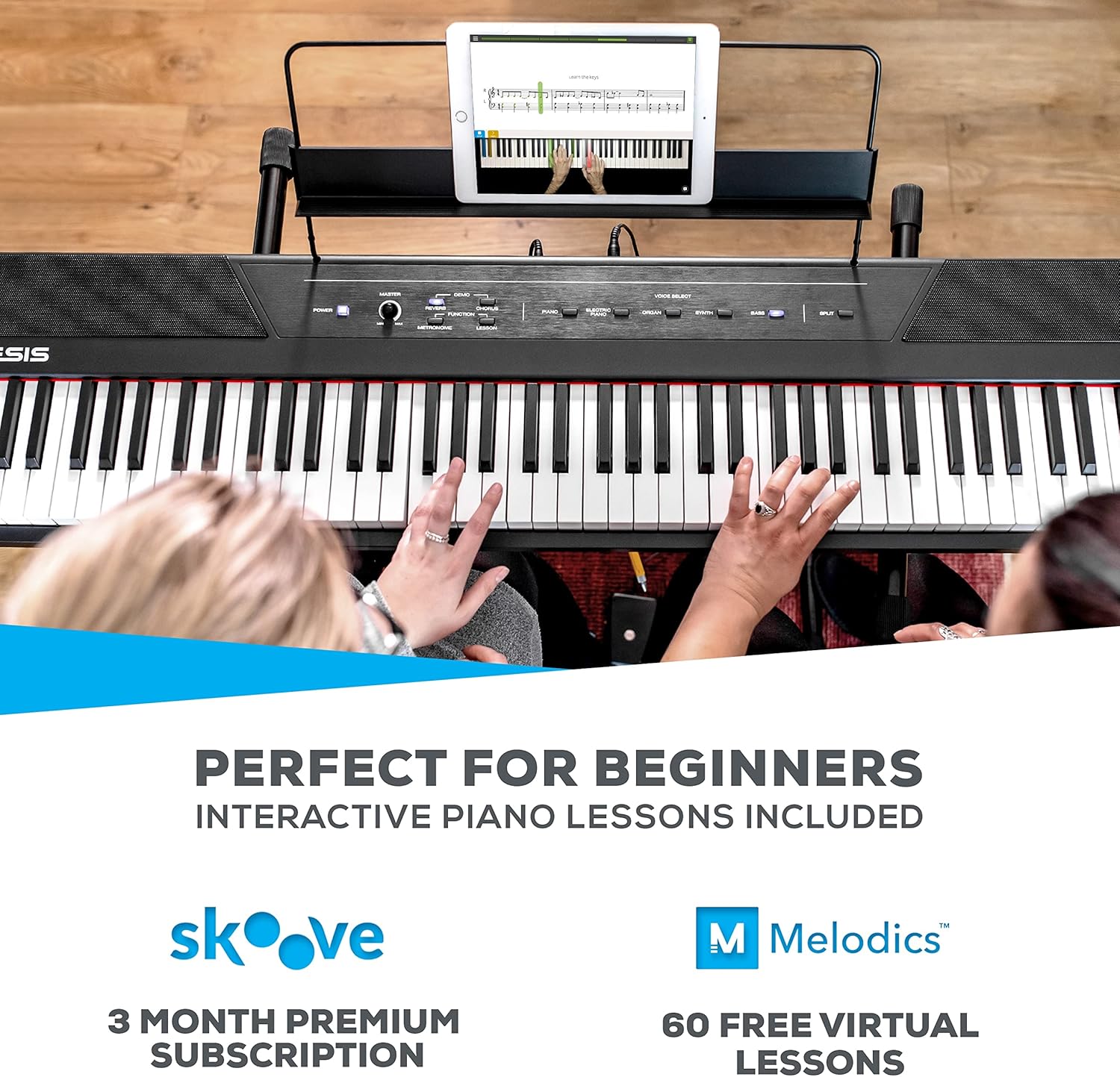 Alesis Recital | 88 Key Beginner Digital Piano/Keyboard with Full Size Semi Weighted Keys & RockJam KB100 Adjustable Padded Keyboard Bench, X-Style, Black