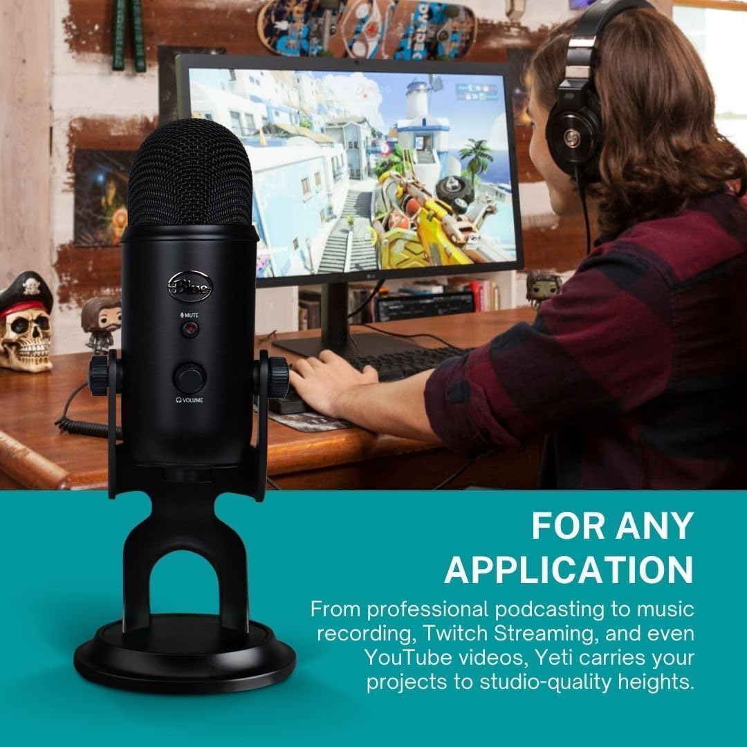 Blue Yeti Microphone (Blackout) Bundle with Boom Arm Stand, Pop Filter and Shock Mount (4 Items)
