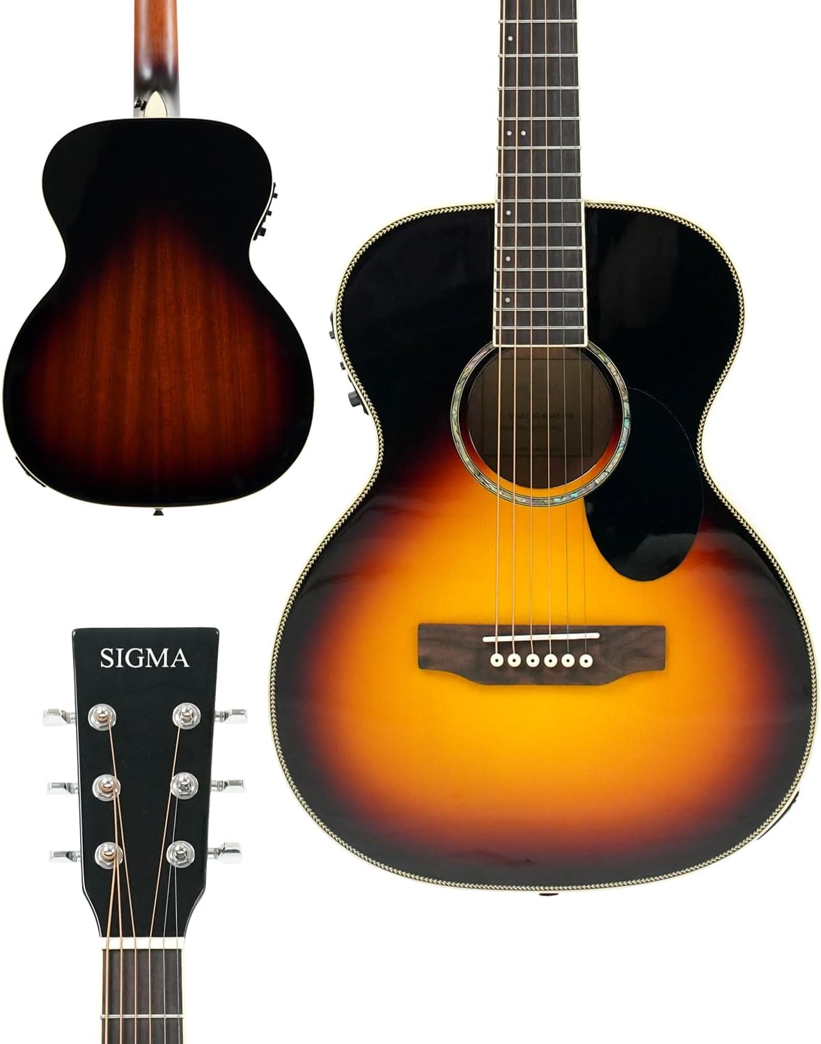 SIGMA 36.5” Acoustic Electric Guitar, OM Junior, Name Brand EXP16 Strings, Spruce Top, Black Gloss, Sapele/Mahogany Back & Sides, Right(8OMJE)