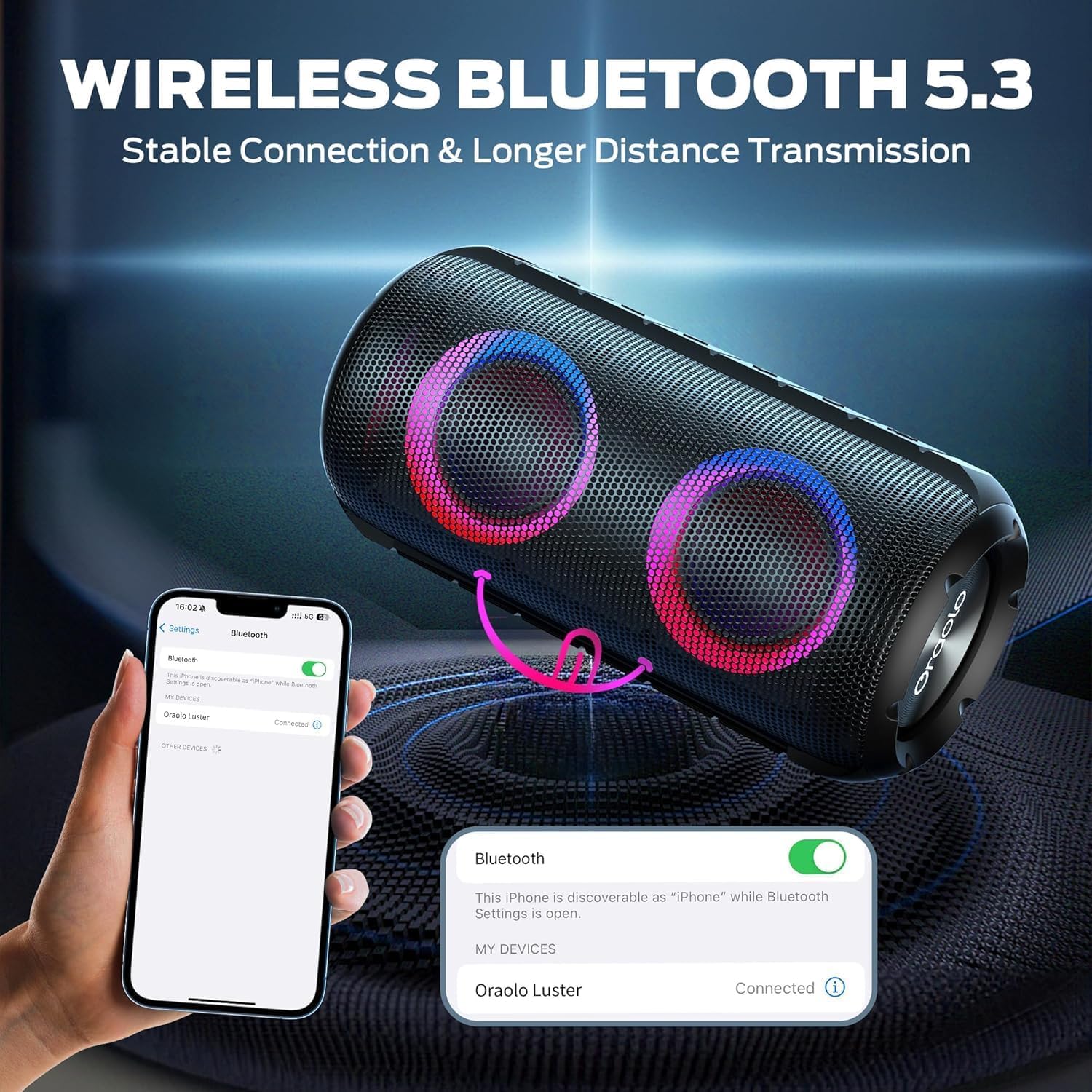 BUGANI Luster Bluetooth Speakers, Portable Wireless Stereo Speaker with Colorful Lights, Loud Sound, Bluetooth 5.3, 24H Playtime, IPX6 Waterproof, AUX-in, for Home/Outdoor/Camping/Beach