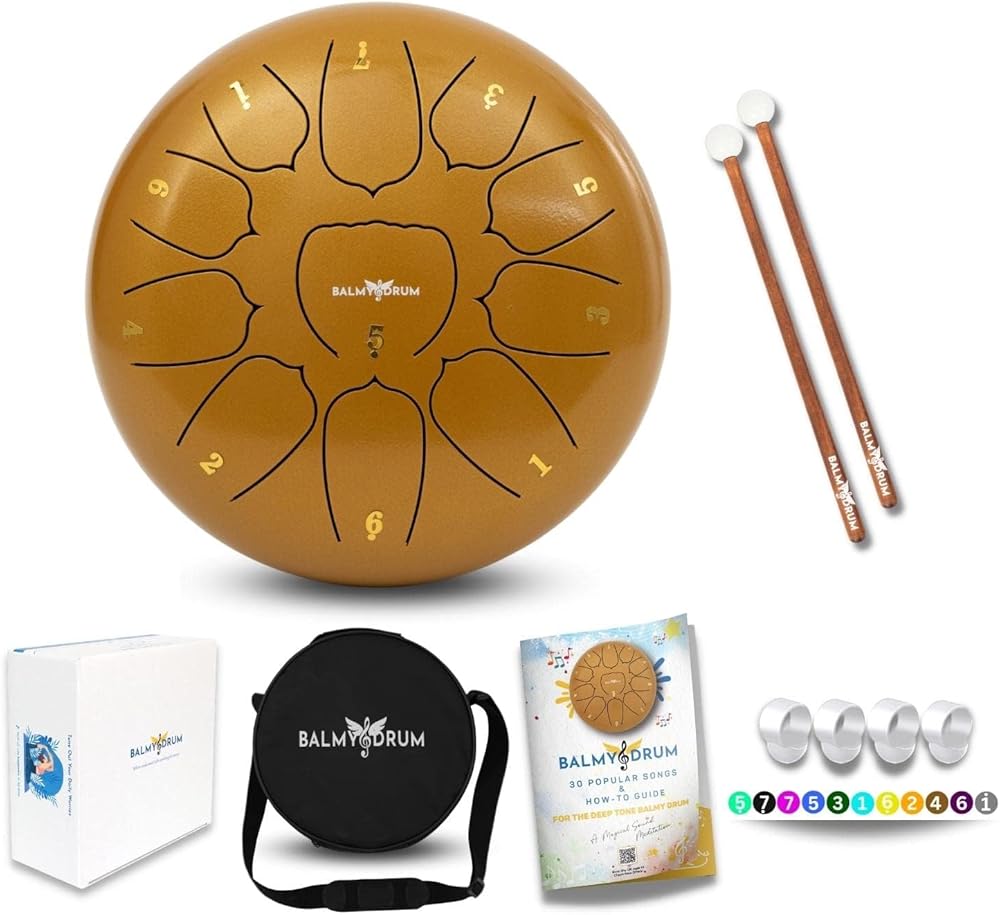 The Balmy Drum - 11 Note 10 Inch Steel Tongue Drum, Steel Drum Instrument, Drums For Children and Adults, Balmy Drum Set for Kids with Music Book, Handpan, Mallet and Carry Bag (Gold)
