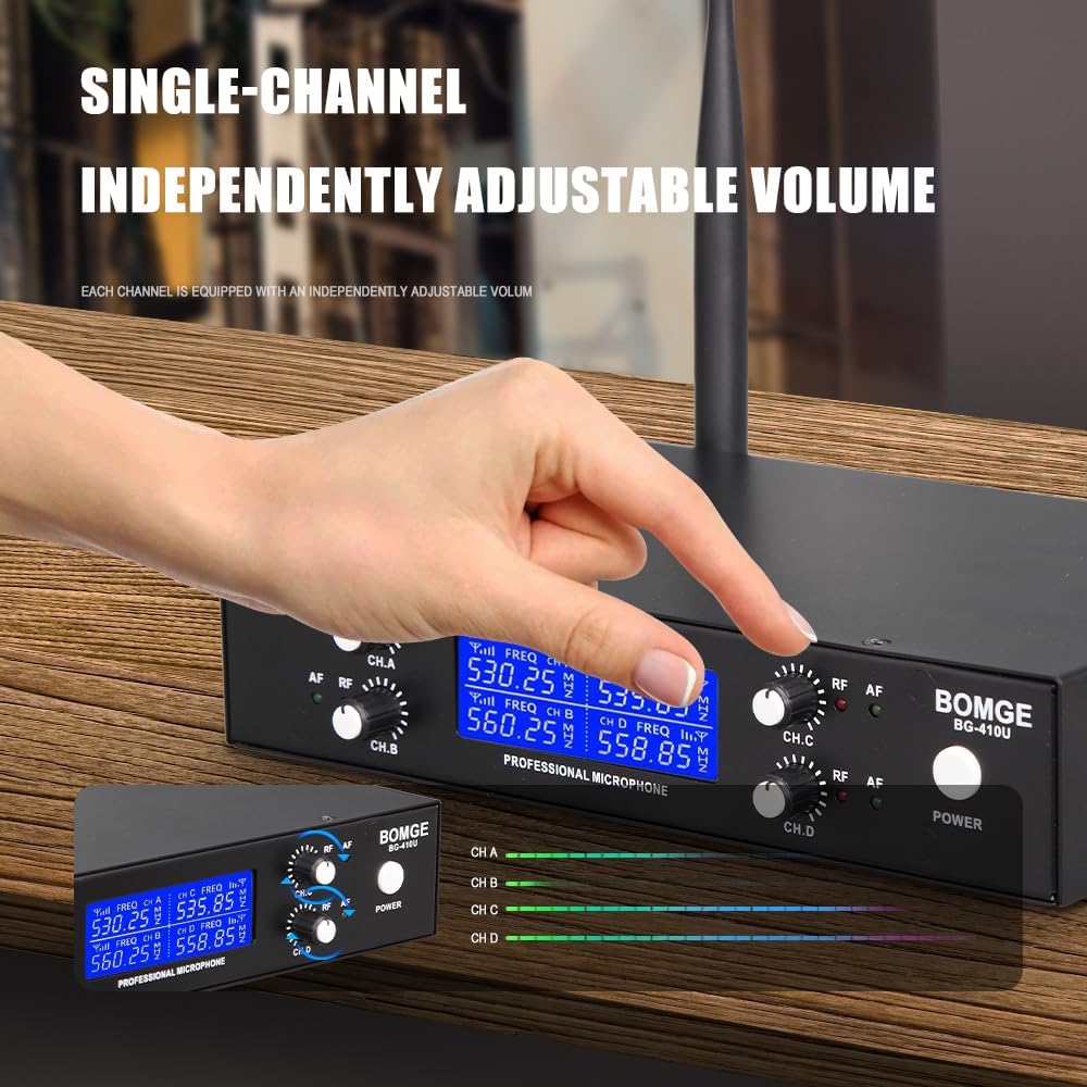 BOMGE Pro Wireless Microphone System, 4-Channel UHF Wireless Mic, Cordless Mic with 4 Handheld Dynamic Microphones, 260ft Range, Microphone for Singing,Church,Karaoke,Party (410U-4 Handheld)