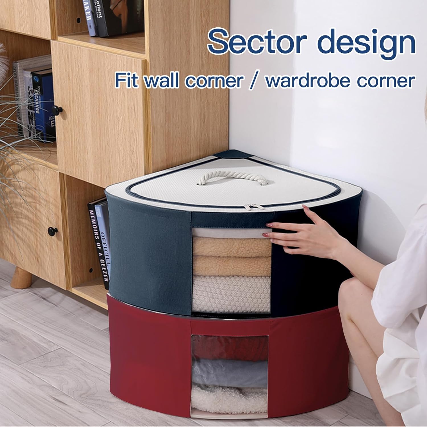 2PCS Corner Baskets Triangle Storage, Fan Shaped Storage Box with Lid and Handle, Foldable Storage Bins, Waterproof Oxford Cube Boxes, Large Capacity Storage Container for Bedroom Office(Dark gray-L)