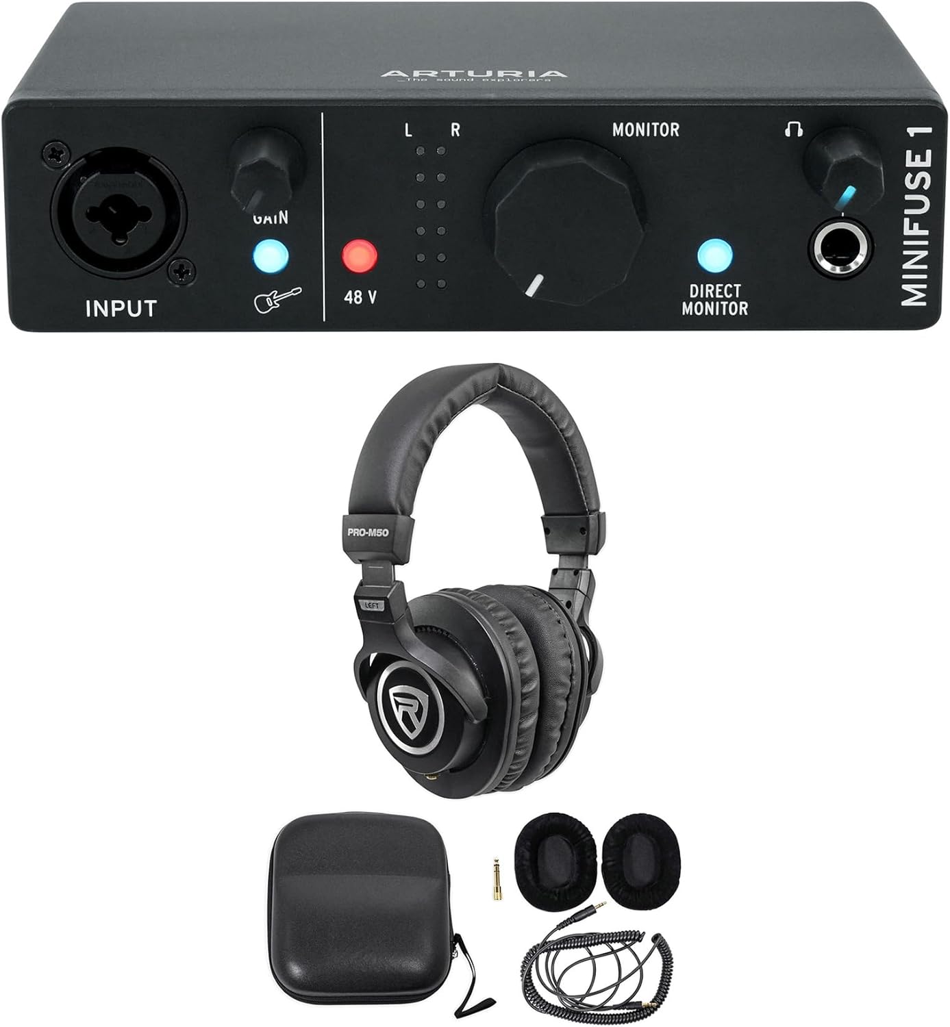 Audiosavings Bundle: Arturia Minifuse 1 Black Portable Solo Audio USB Recording Interface+Software Bundle with Rockville PRO-M50 Studio Headphones w/Detachable Coil Cable, Case+Ear Pad (2 Items)