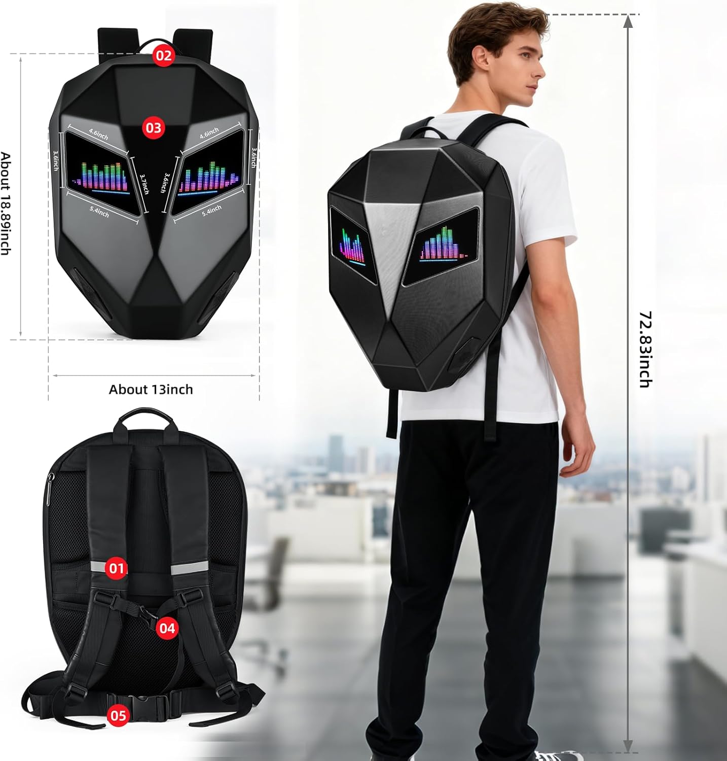 Gelrova Music Cycling Backpack [Battery not included] - LED Bicycle Backpack With Speakers, Expandable Helmet Storage (14.8L→25.2L) for Scooter, 15-16