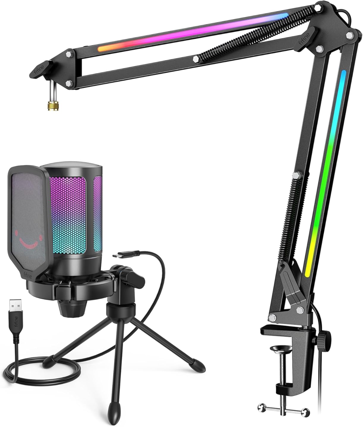 FIFINE USB Gaming Microphone Bundle, Condenser PC Mic with RGB Control, Boom Arm Stand, Gain Knob, Mute Button, Metal Boom Arm with 3/8” to 5/8” Adapter for Streaming YouTube Video (A6V+BM38)