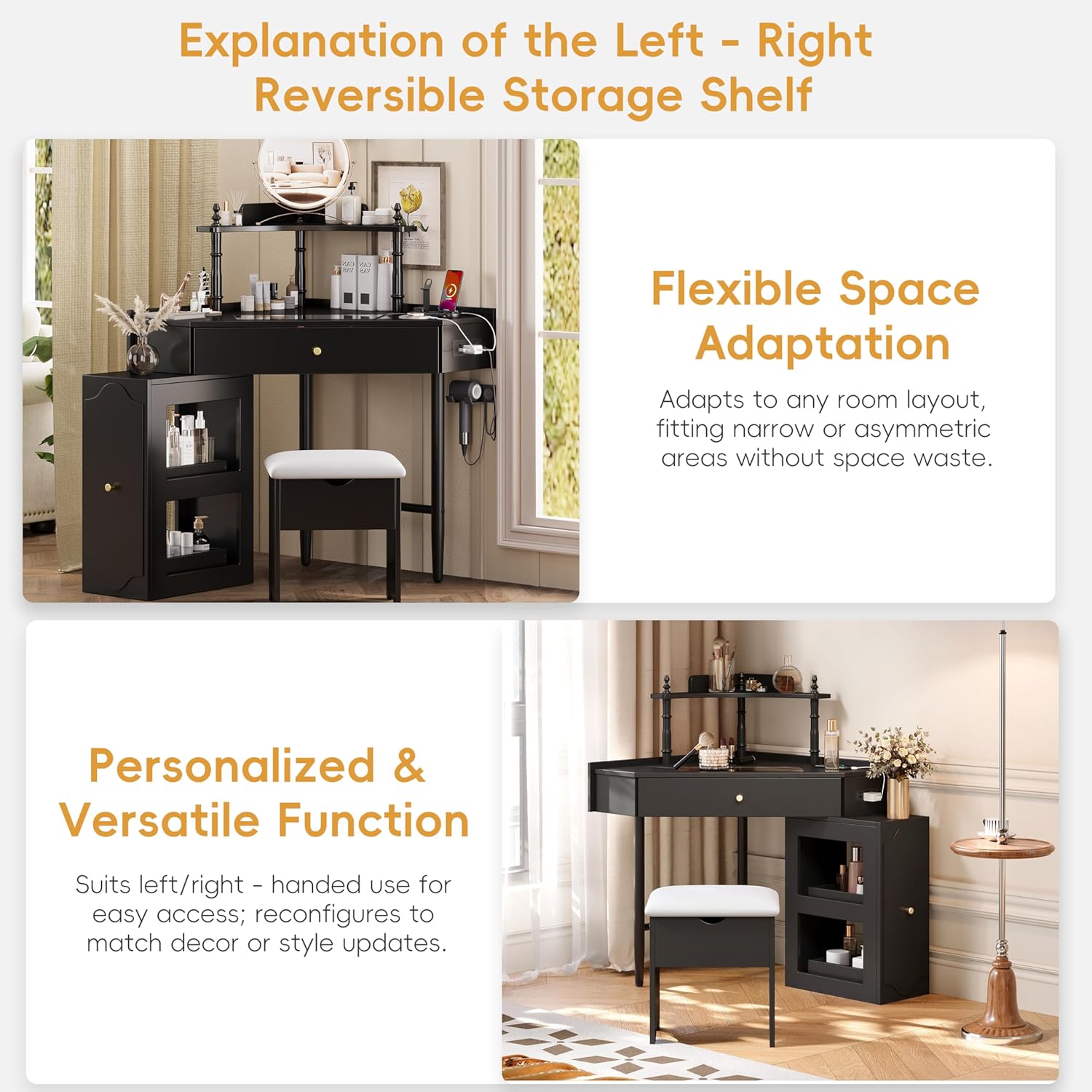 Corner Vanity Desk with Drawers, Corner Makeup Vanity with Storage Cushioned Stool & Charging Station, Wooden Makup Desk with Removable Pull-Out Side Cabinet & Storage Shelf, Black