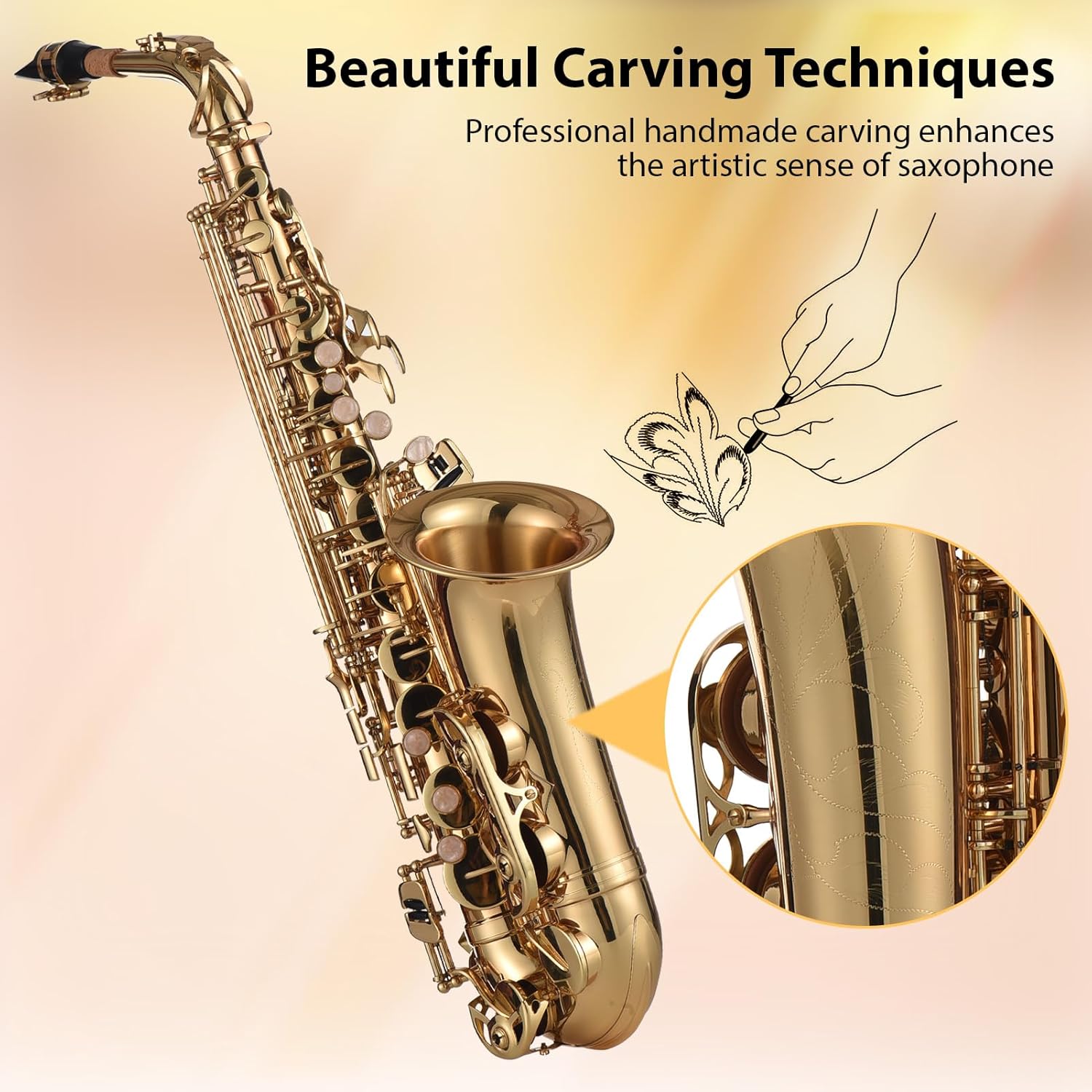 EB Alto Saxophone Brass Lacquered Gold E Flat Sax 875 Key Type Woodwind Instrument with Cleaning Brush Cloth Gloves Strap Padded Case