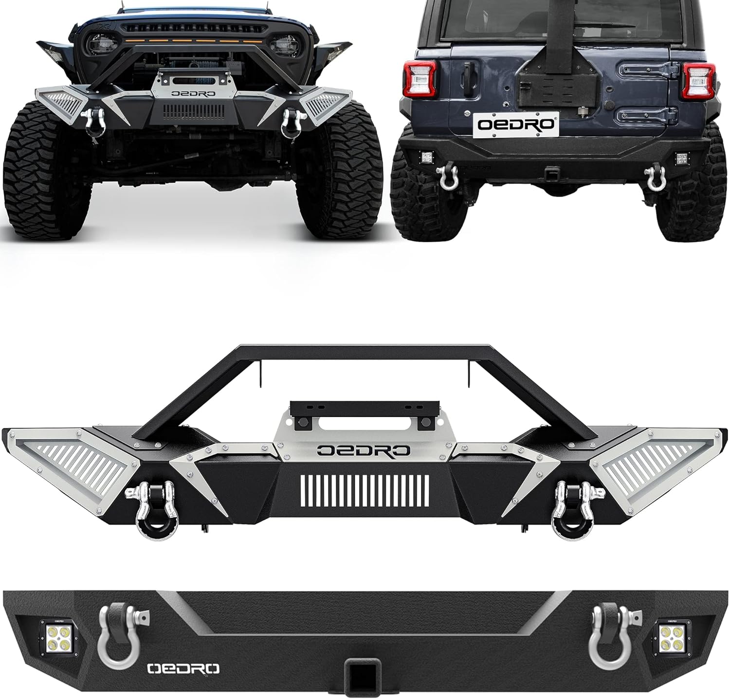 OEDRO Front & Rear Bumper Compatible with 2018-2025 Jeep Wrangler JL, Rock Crawler Bumper w/Winch Plate Mounting & Paintable Armor & Hitch Receiver 2 x LED Lights(ONLY Fit JL)