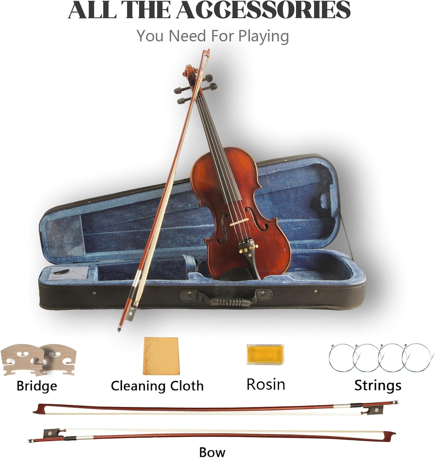 Violin for Beginners, Acoustic Full Size 4/4 Violin Fiddle Starter Kit, Stringed Musical Instrument w/Case, 2 Violin Bows, 2 Bridges, Strings, Rosin, Cleaning Cloth